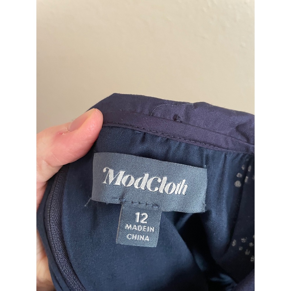 ModCloth Navy Blue Eyelet Peter Pan Collar Retro Midi Dress 12 Old Money Preppy - Picture 3 of 10